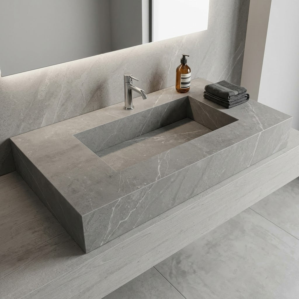 Titano Grigio Plain - lavabo su misura in gres porcellanato con piano integrato