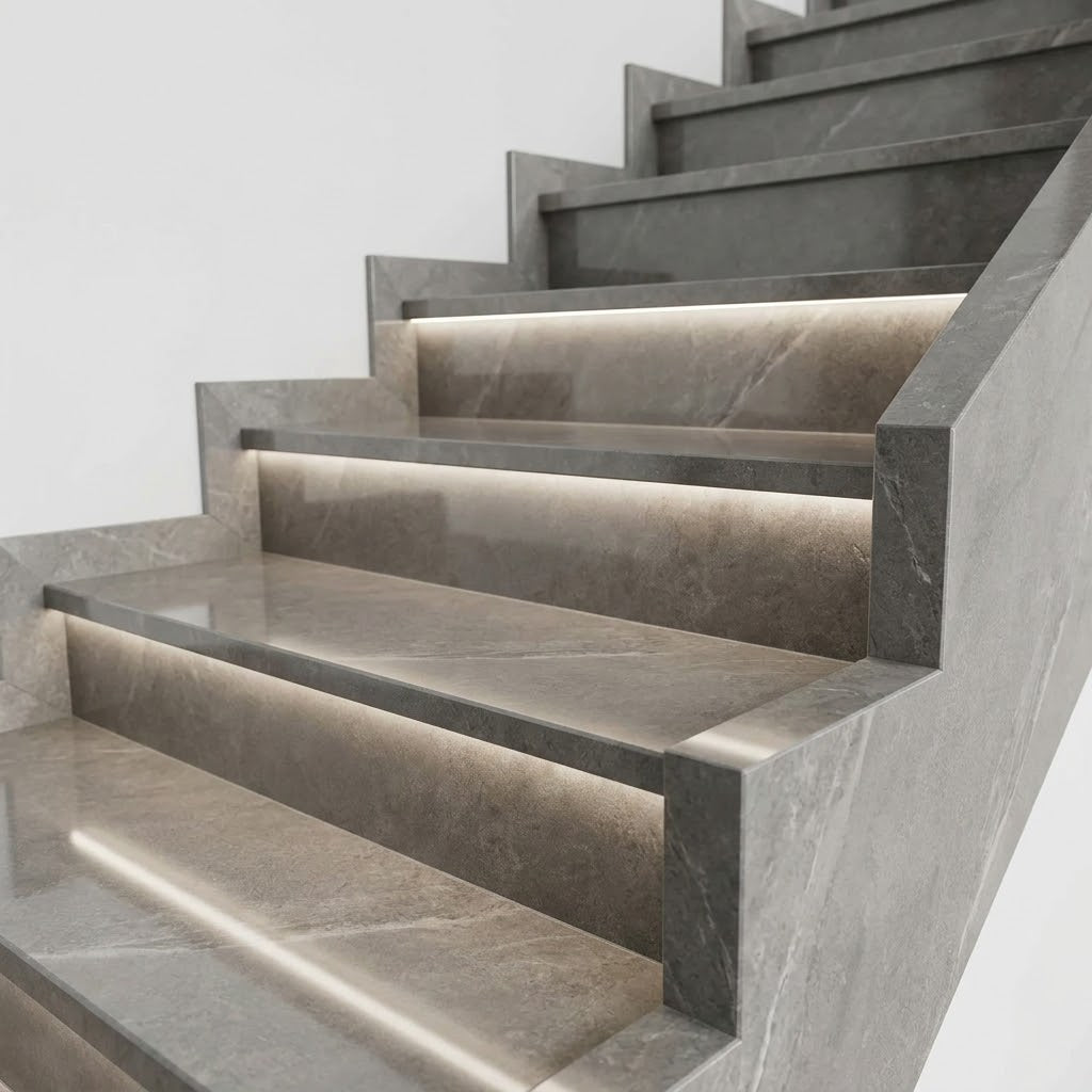 Titano Grigio Plain - scala in gres porcellanato con gradini e alzate illuminati a LED
